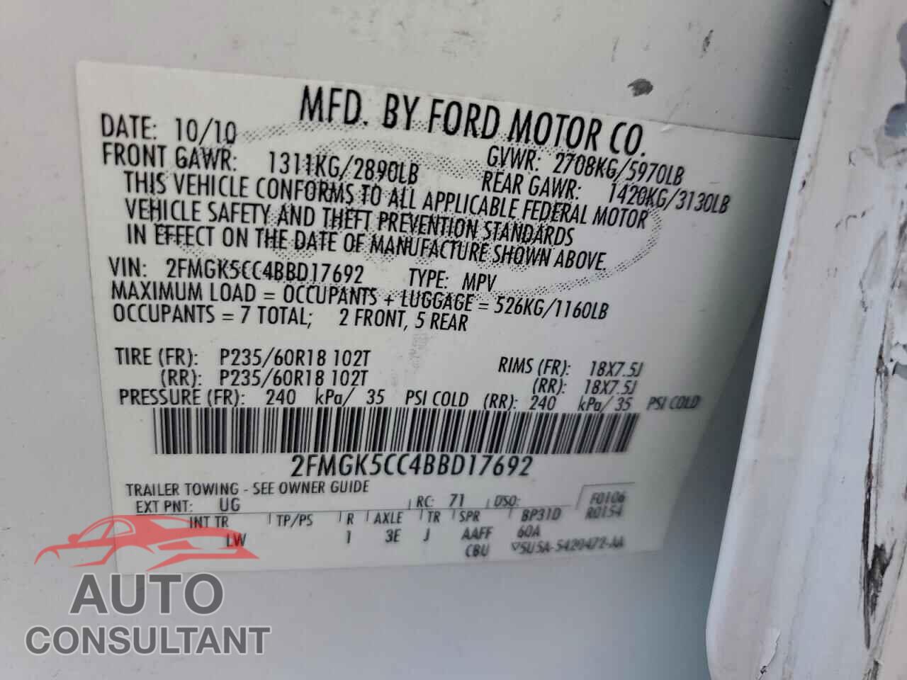 FORD FLEX 2011 - 2FMGK5CC4BBD17692