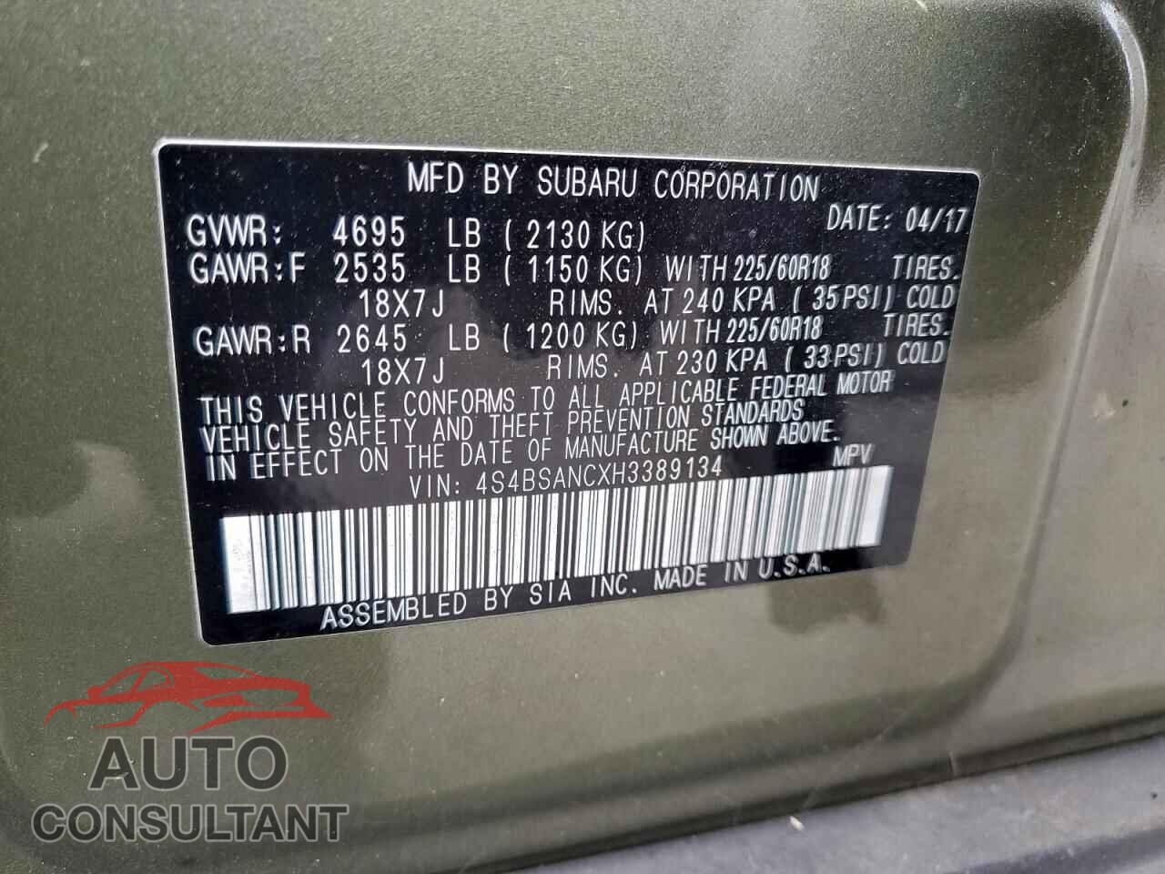 SUBARU OUTBACK 2017 - 4S4BSANCXH3389134