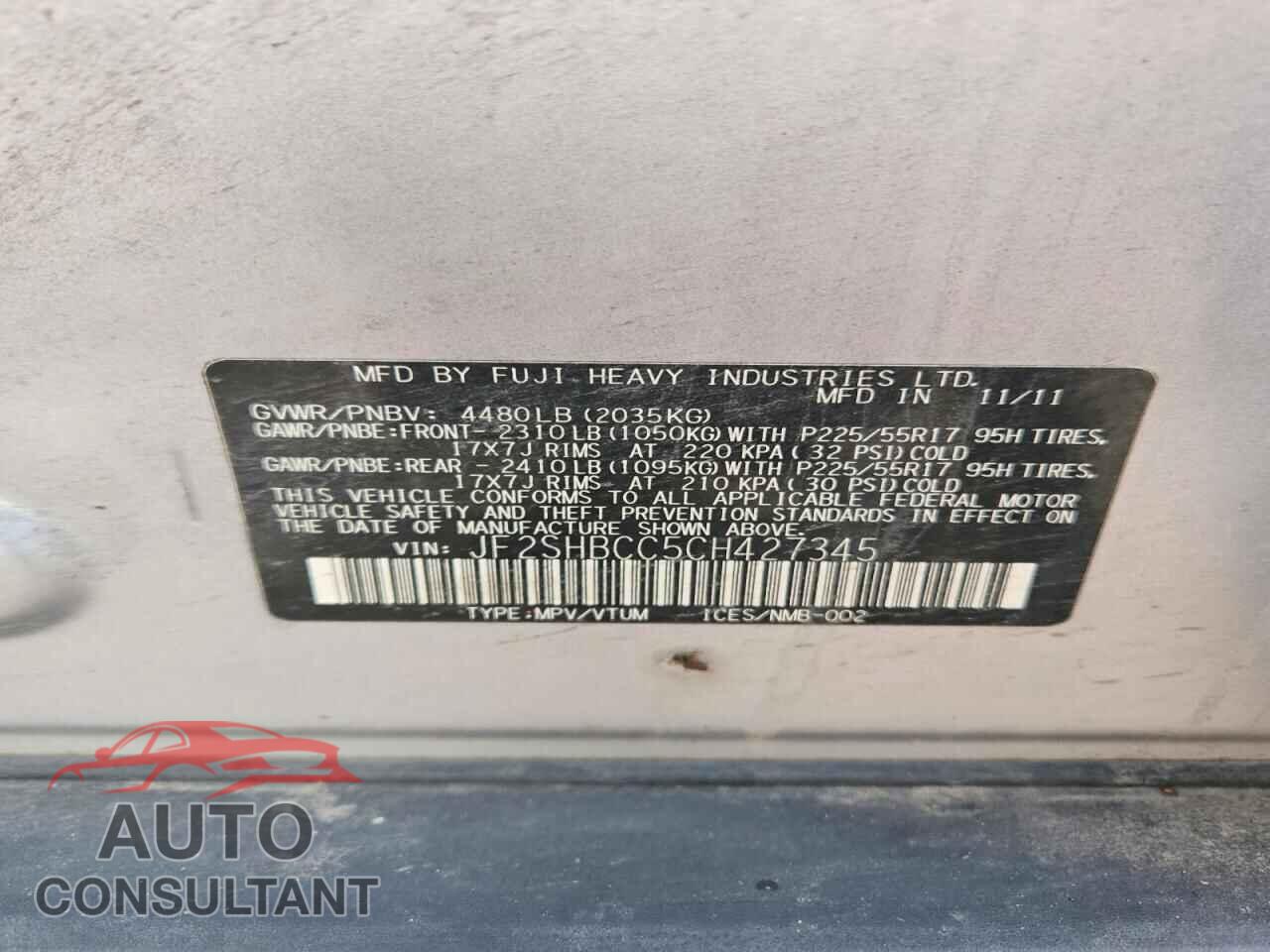SUBARU FORESTER 2012 - JF2SHBCC5CH427345