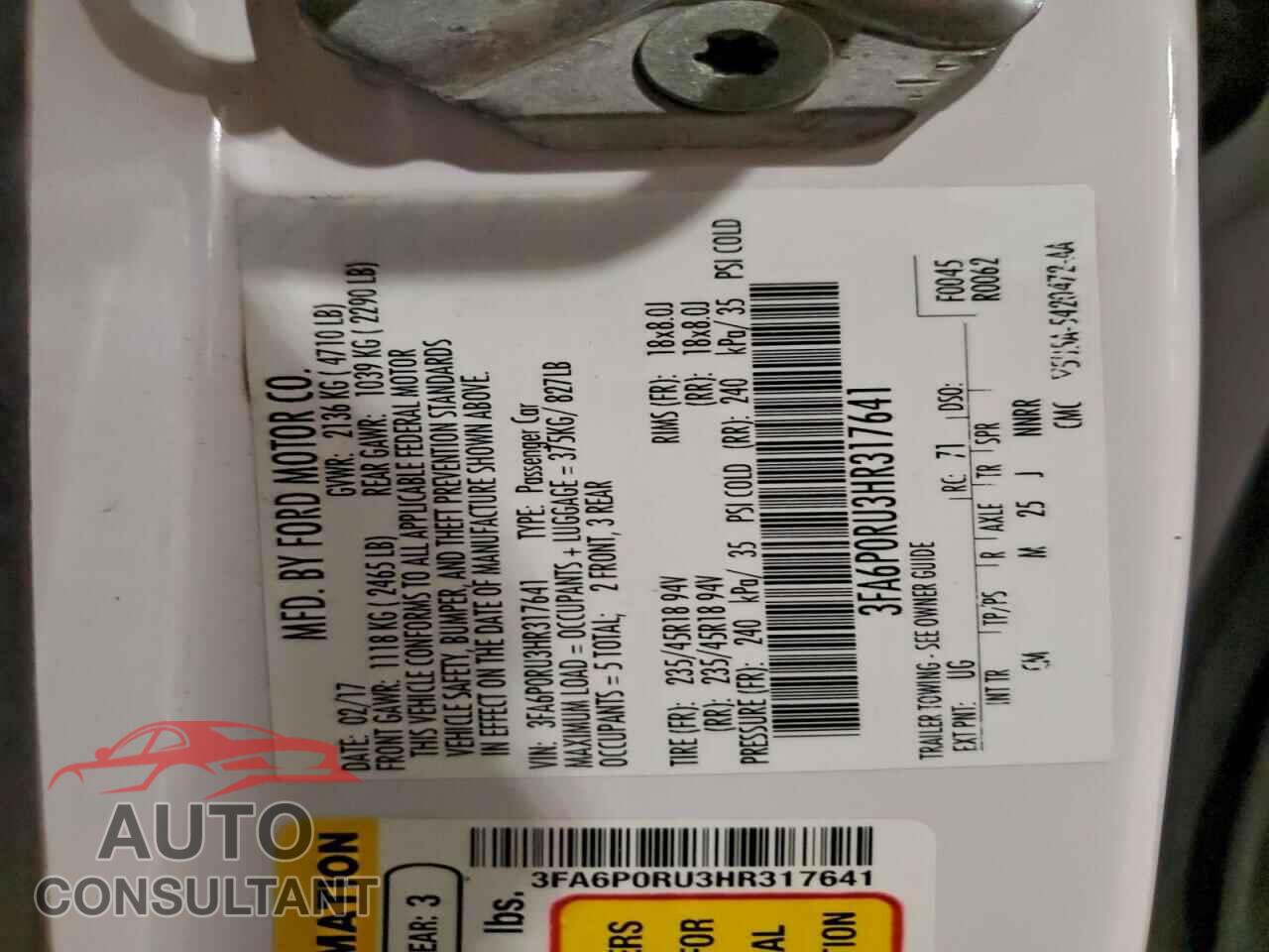 FORD FUSION 2017 - 3FA6P0RU3HR317641