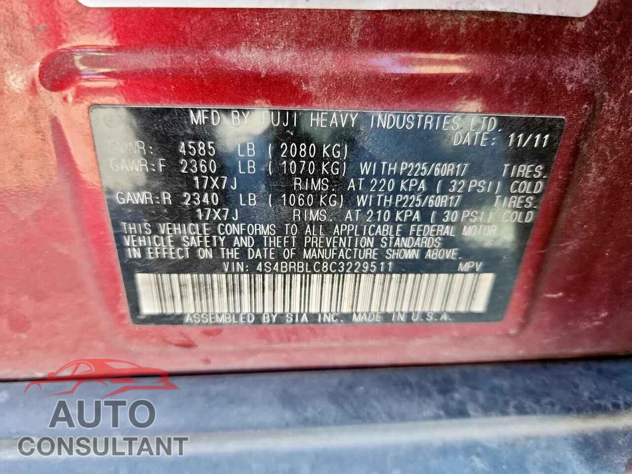 SUBARU OUTBACK 2012 - 4S4BRBLC8C3229511