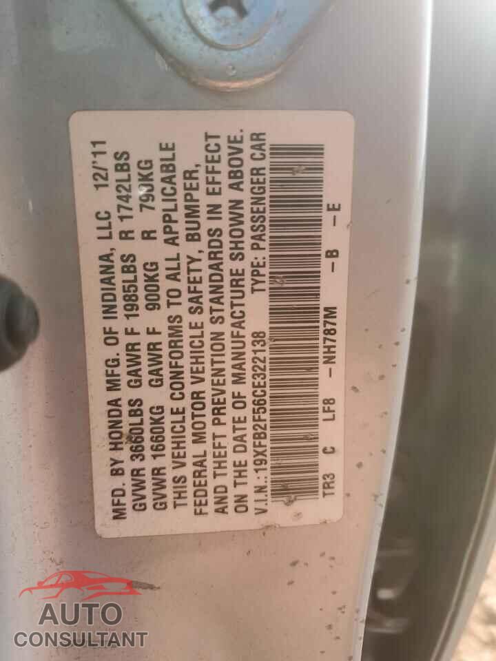 HONDA CIVIC 2012 - 19XFB2F56CE322138