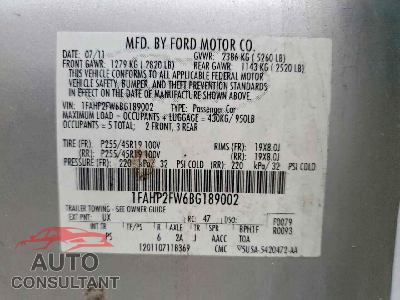 FORD TAURUS 2011 - 1FAHP2FW6BG189002