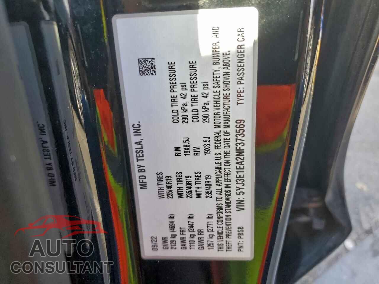 TESLA MODEL 3 2022 - 5YJ3E1EA2NF373569