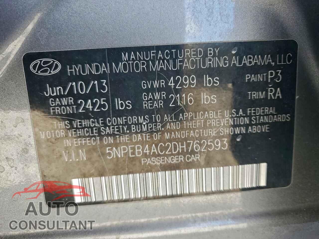 HYUNDAI SONATA 2013 - 5NPEB4AC2DH762593