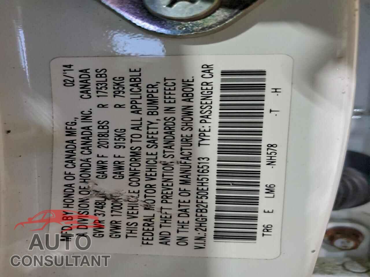 HONDA CIVIC 2014 - 2HGFB2F50EH516513