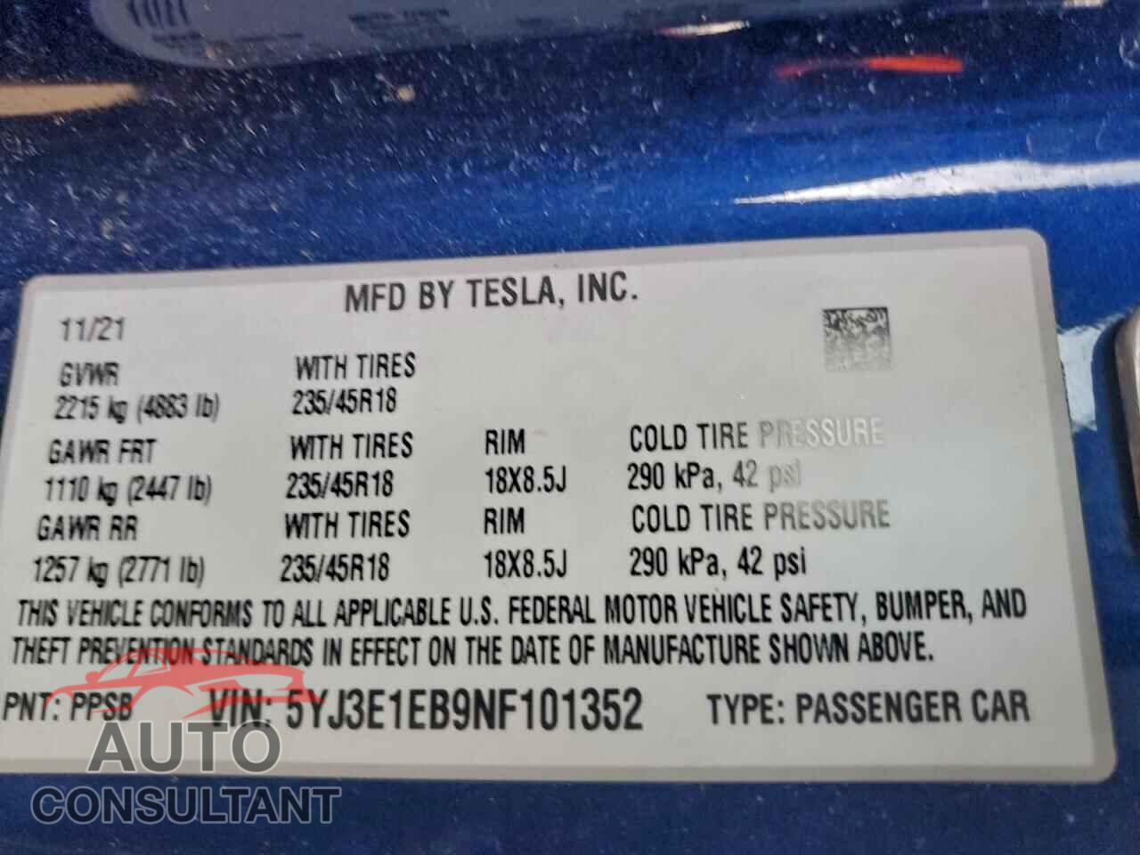 TESLA MODEL 3 2022 - 5YJ3E1EB9NF101352
