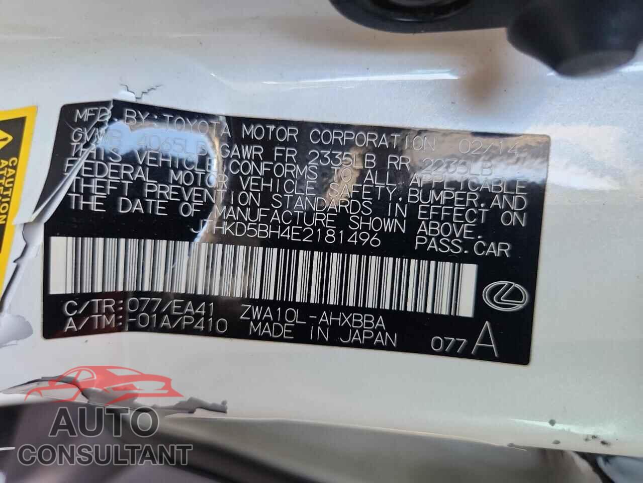 LEXUS CT 200 2014 - JTHKD5BH4E2181496