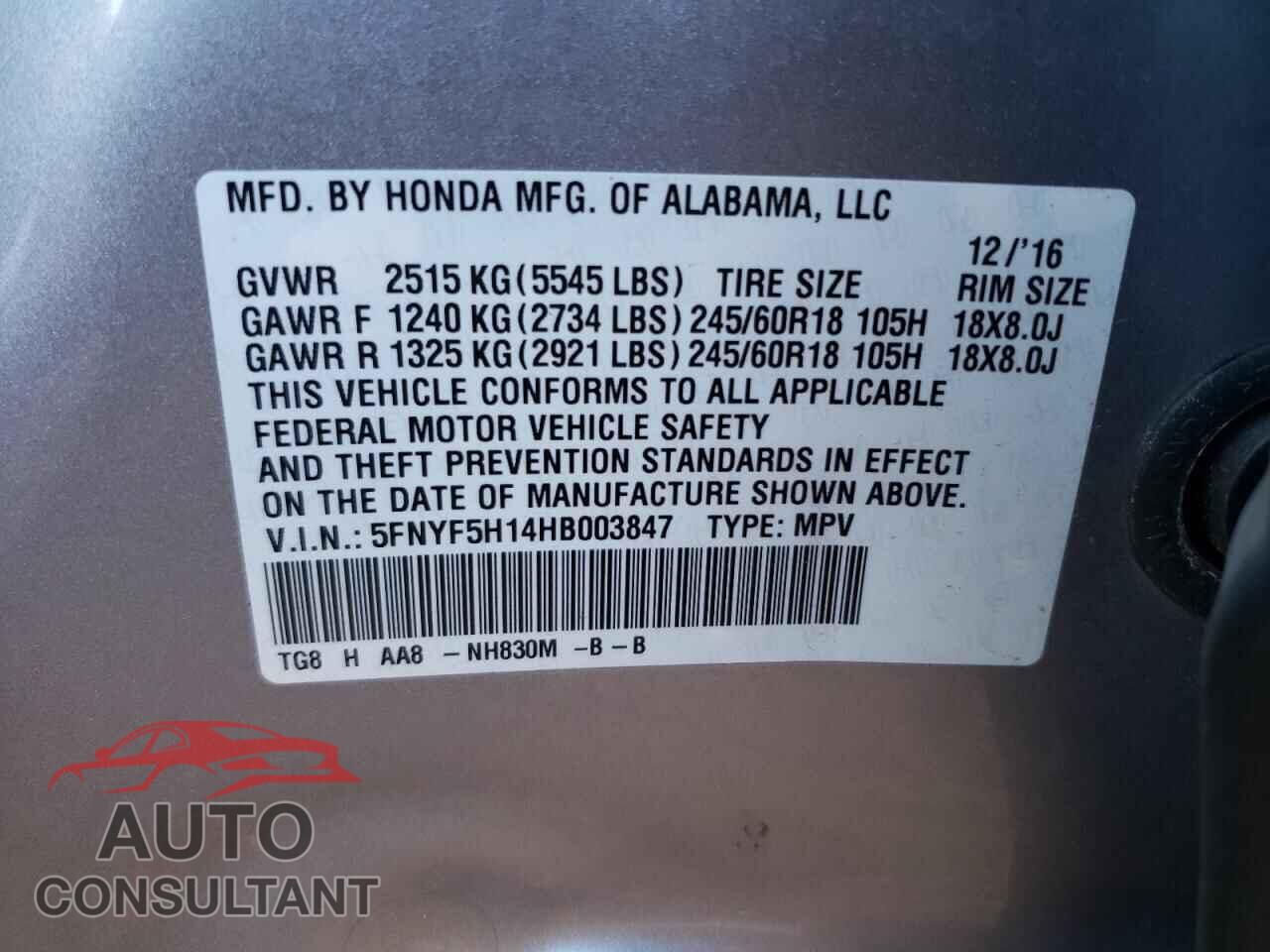 HONDA PILOT 2017 - 5FNYF5H14HB003847