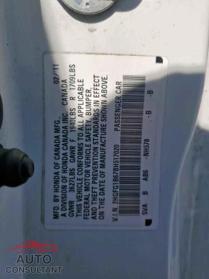 HONDA CIVIC 2011 - 2HGFG1B67BH517020