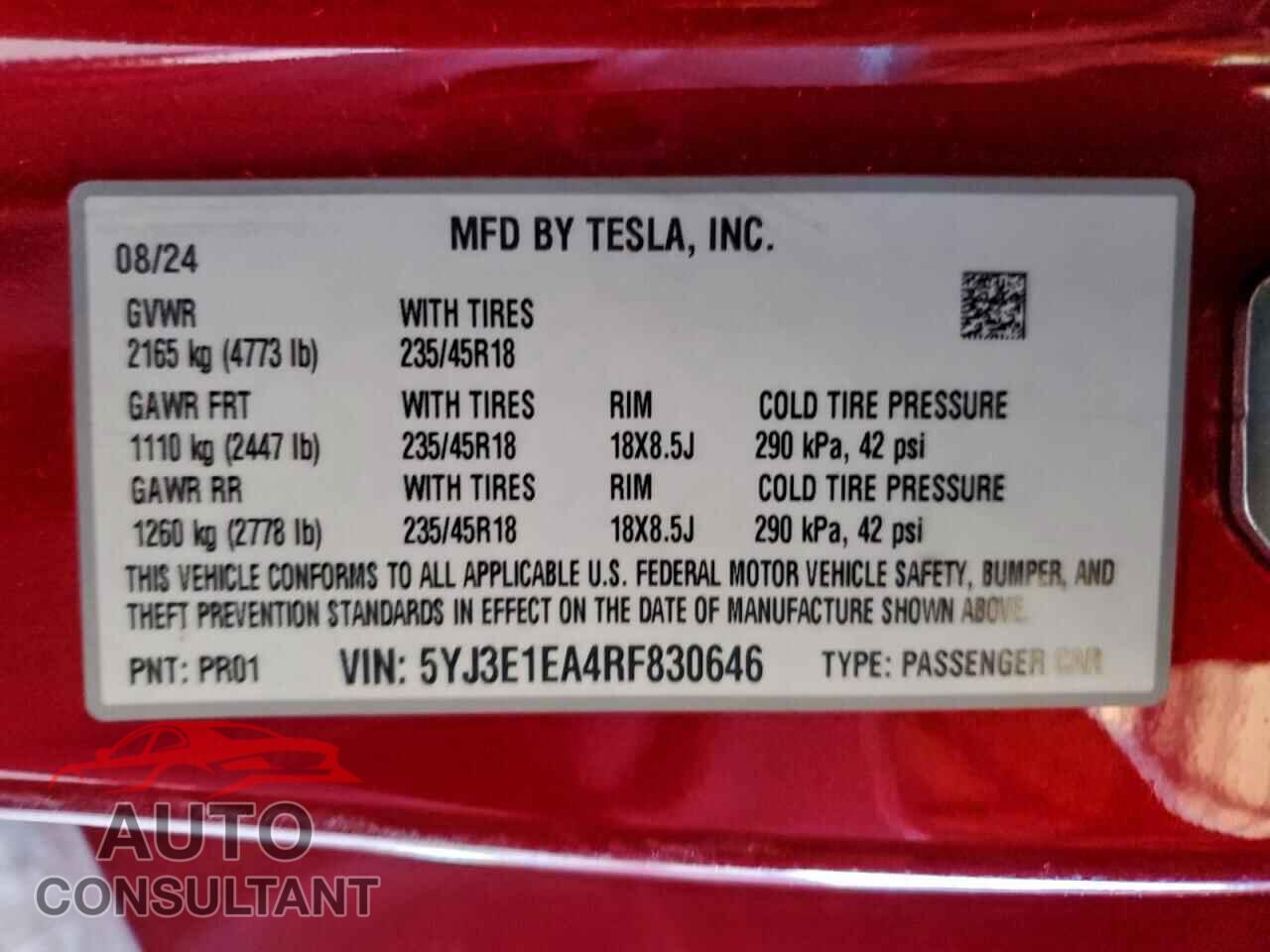 TESLA MODEL 3 2024 - 5YJ3E1EA4RF830646