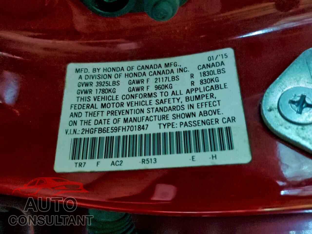 HONDA CIVIC 2015 - 2HGFB6E59FH701847