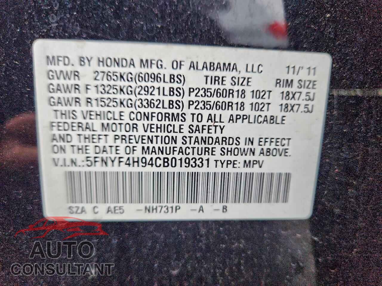 HONDA PILOT 2012 - 5FNYF4H94CB019331