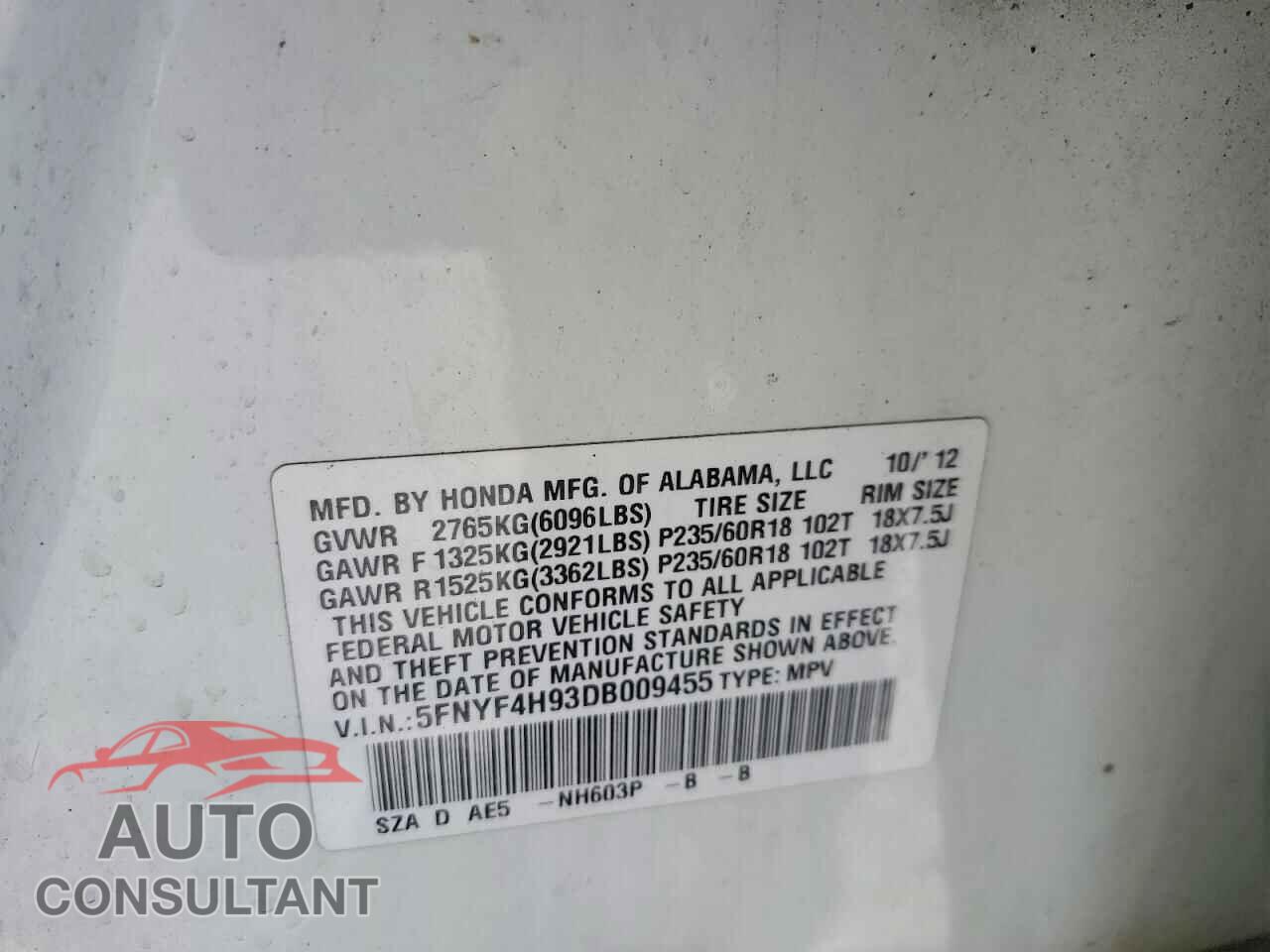 HONDA PILOT 2013 - 5FNYF4H93DB009455