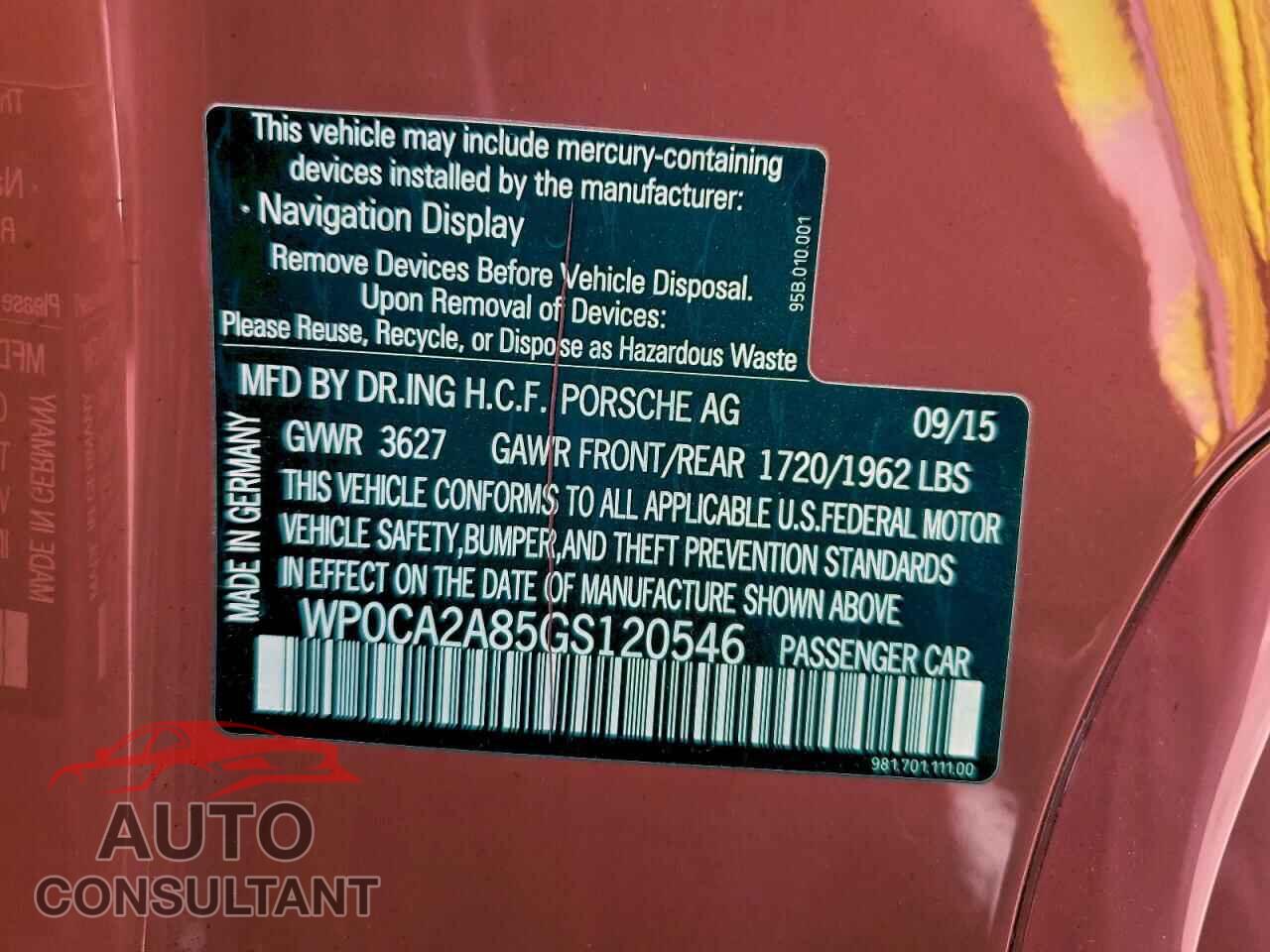 PORSCHE BOXSTER 2016 - WP0CA2A85GS120546
