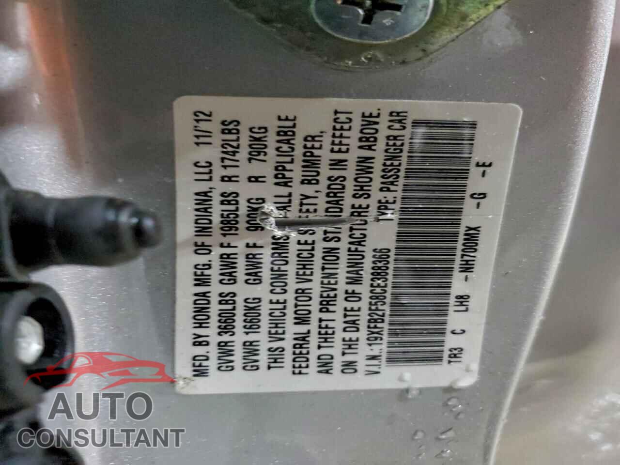 HONDA CIVIC 2012 - 19XFB2F58CE388366