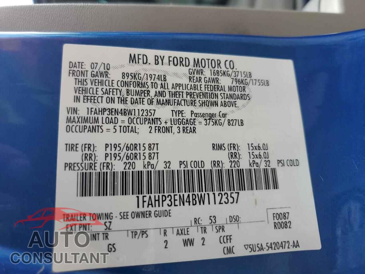 FORD FOCUS 2011 - 1FAHP3EN4BW112357