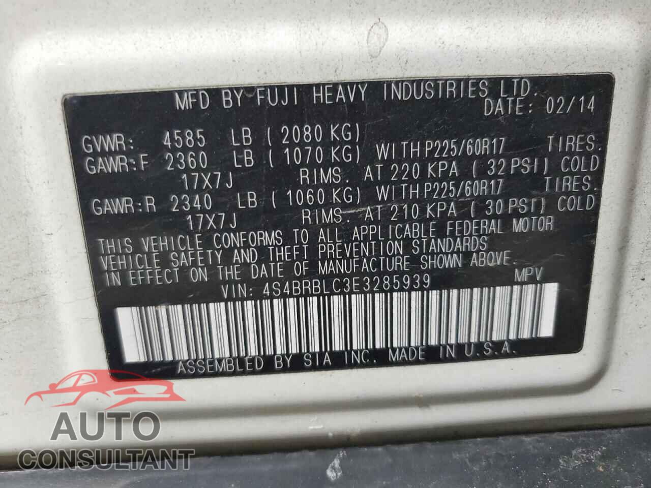 SUBARU OUTBACK 2014 - 4S4BRBLC3E3285939