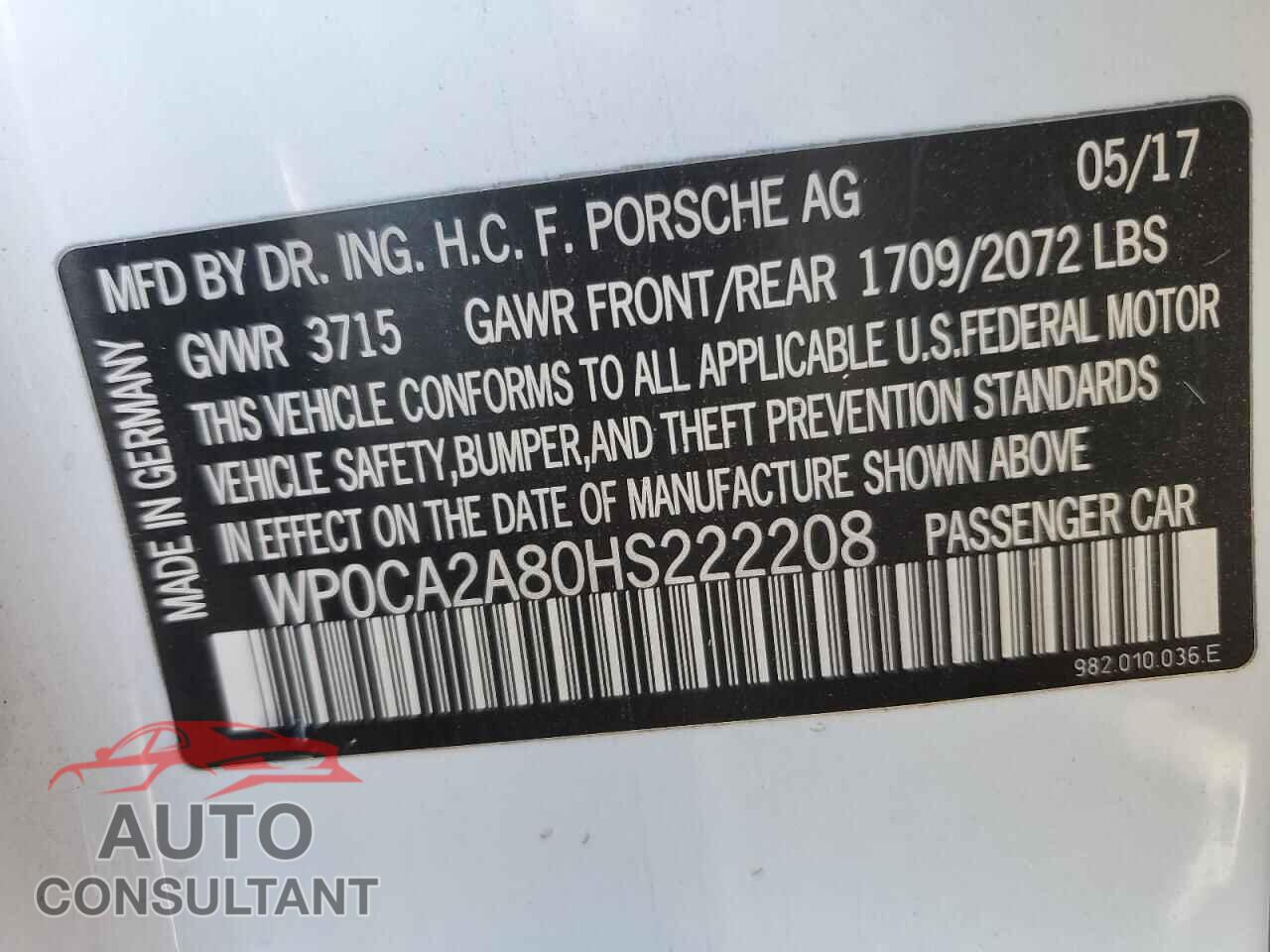 PORSCHE BOXSTER 2017 - WP0CA2A80HS222208