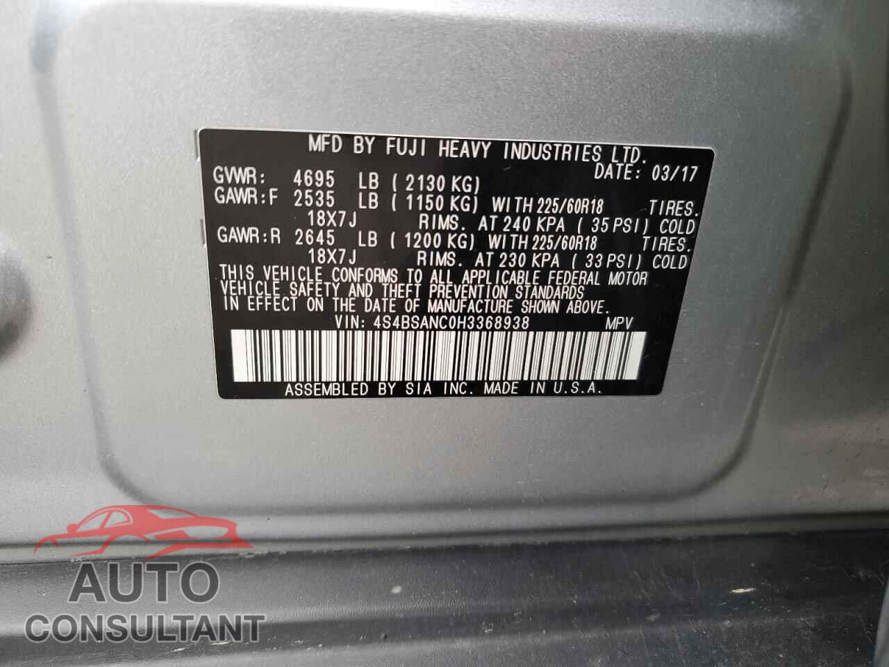 SUBARU OUTBACK 2017 - 4S4BSANC0H3368938