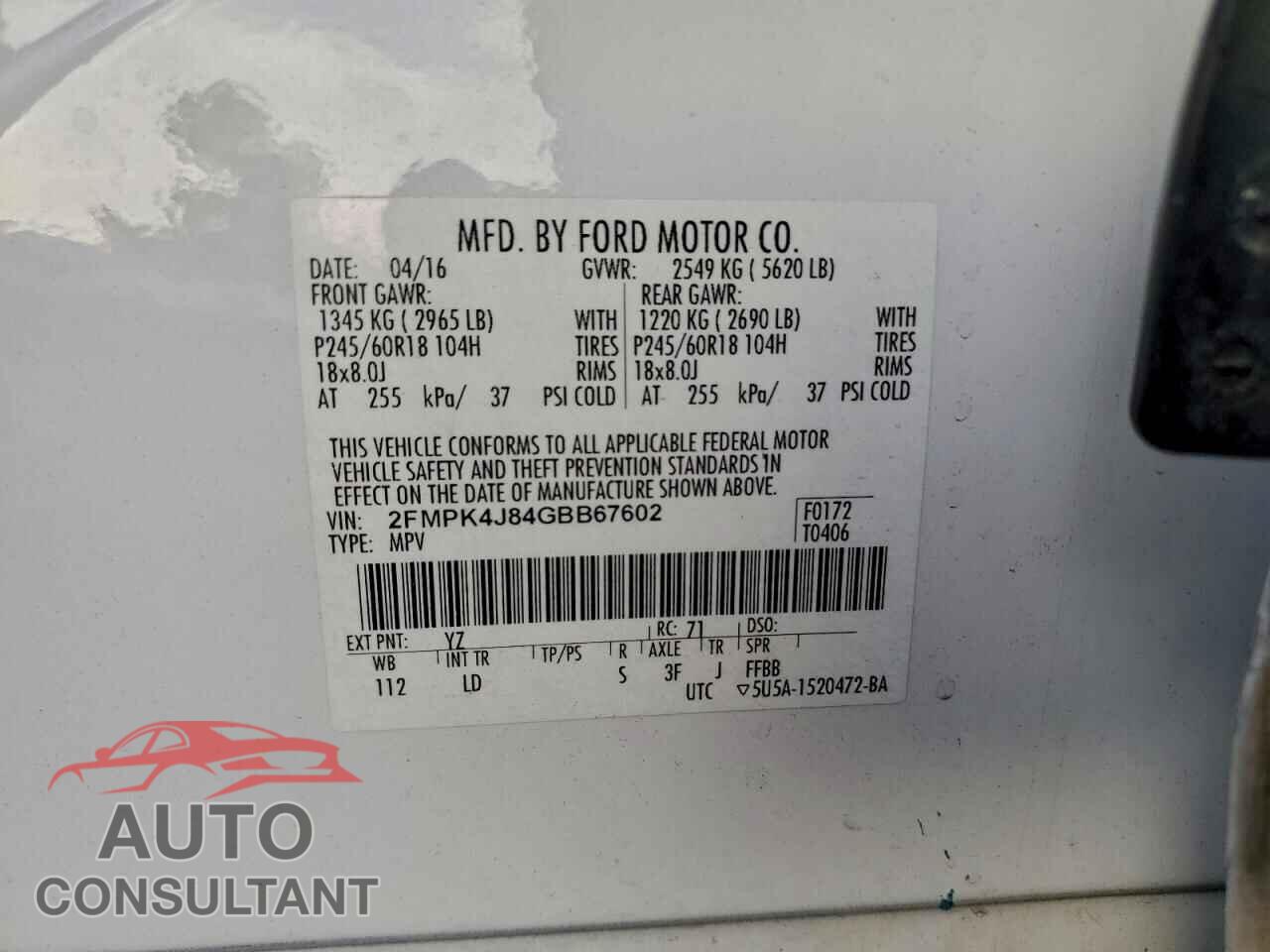 FORD EDGE 2016 - 2FMPK4J84GBB67602