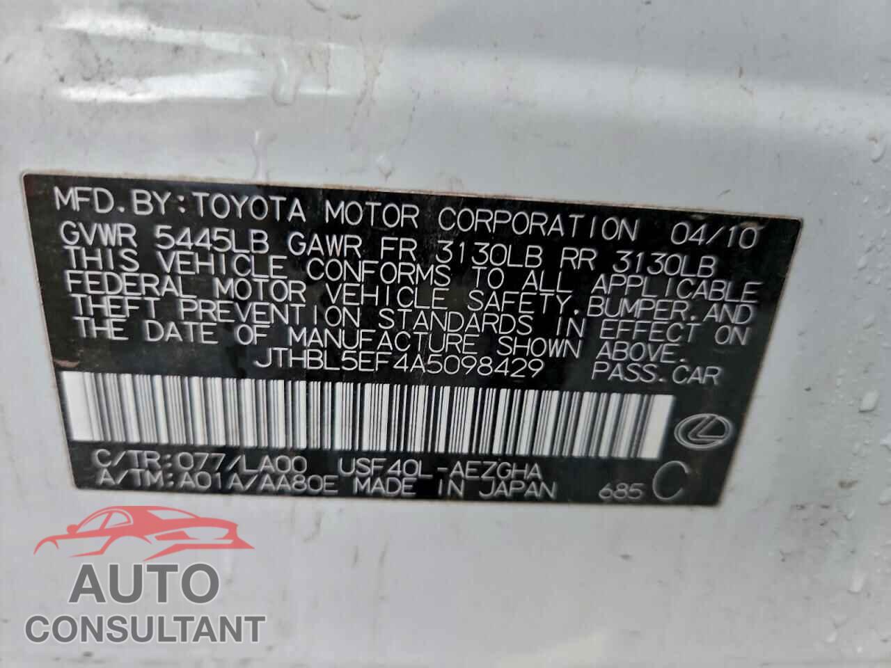 LEXUS LS460 2010 - JTHBL5EF4A5098429