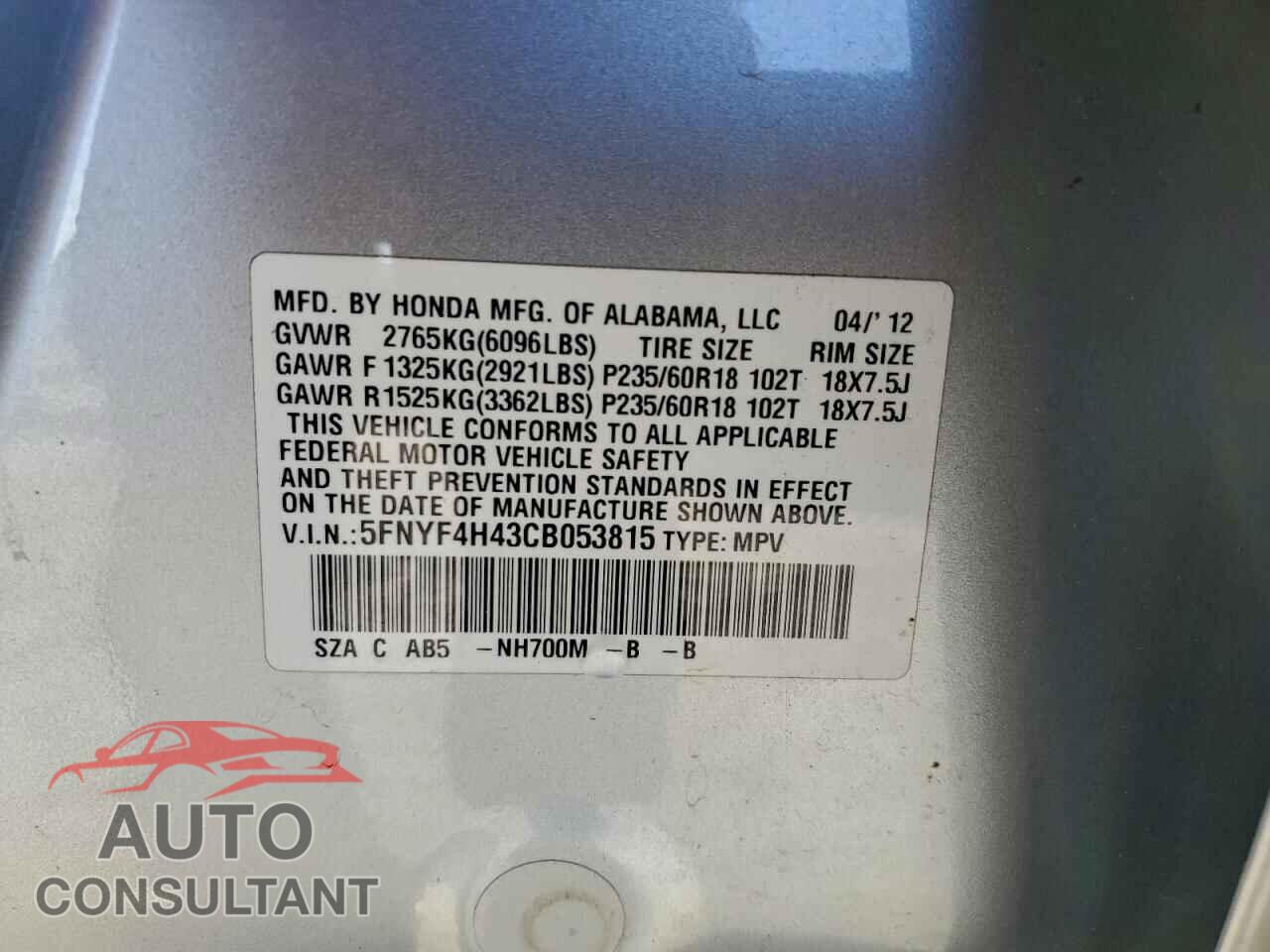 HONDA PILOT 2012 - 5FNYF4H43CB053815