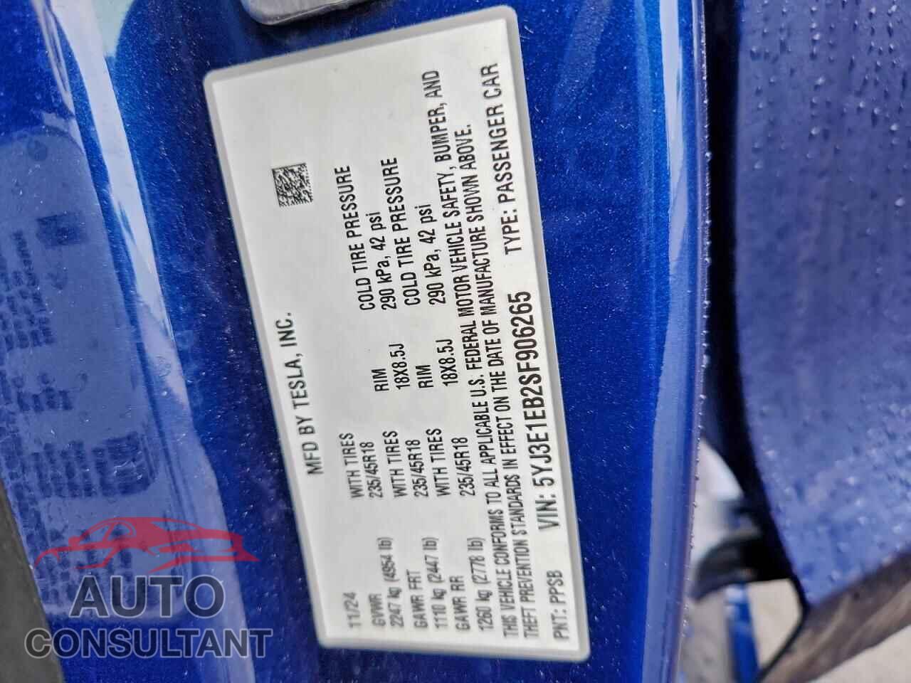 TESLA MODEL 3 2025 - 5YJ3E1EB2SF906265
