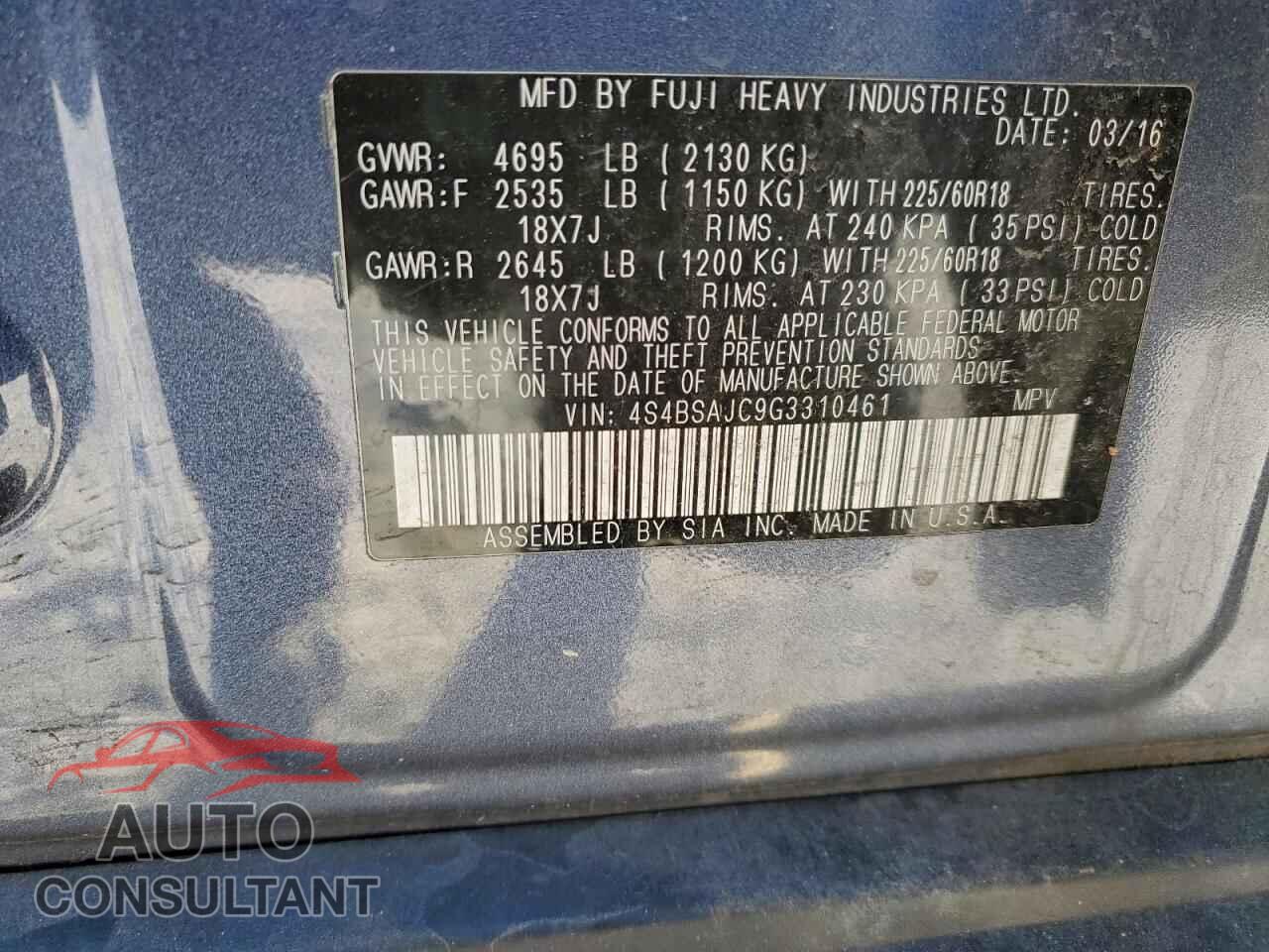 SUBARU OUTBACK 2016 - 4S4BSAJC9G3310461