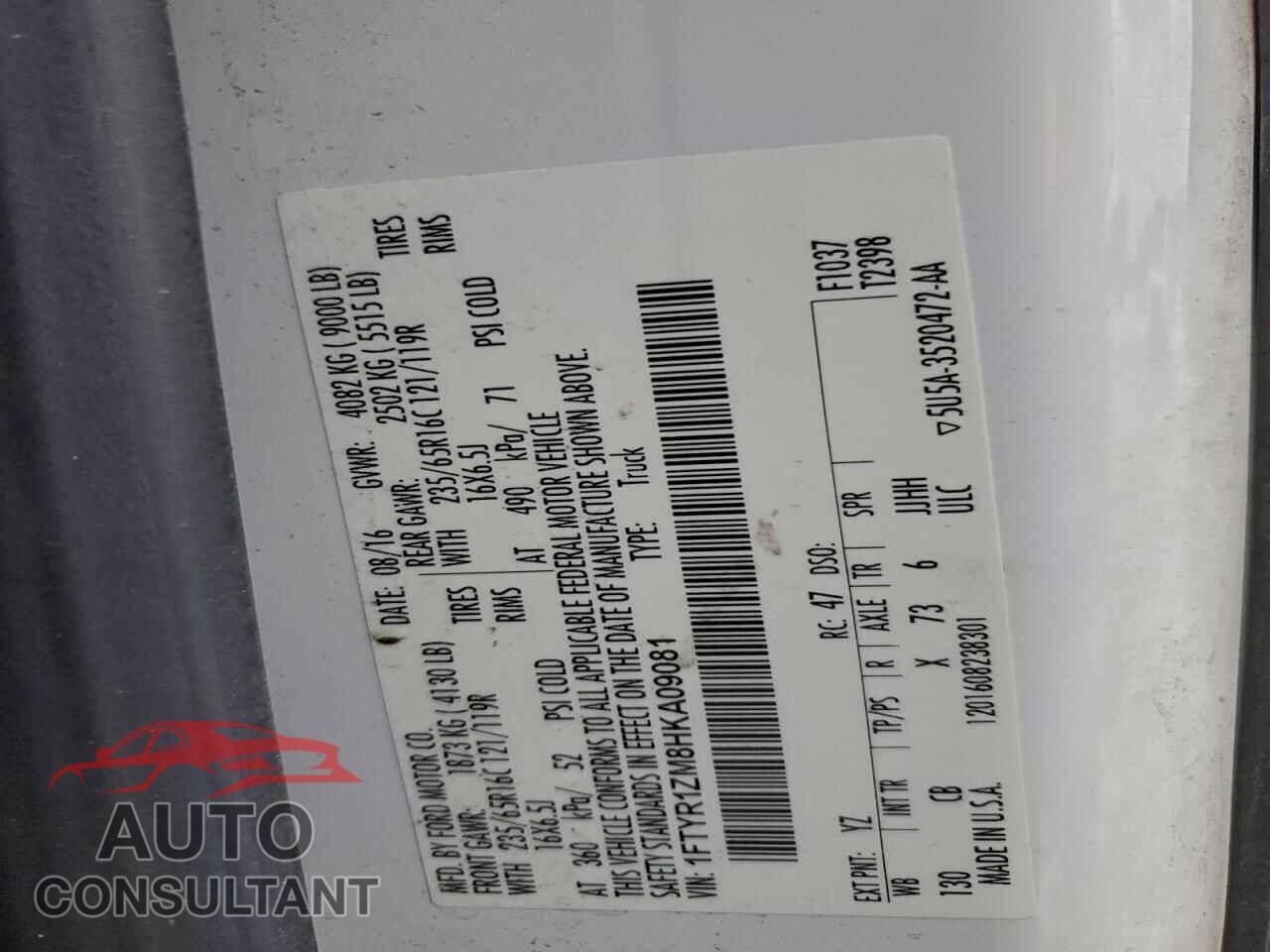 FORD TRANSIT 2017 - 1FTYR1ZM8HKA09081