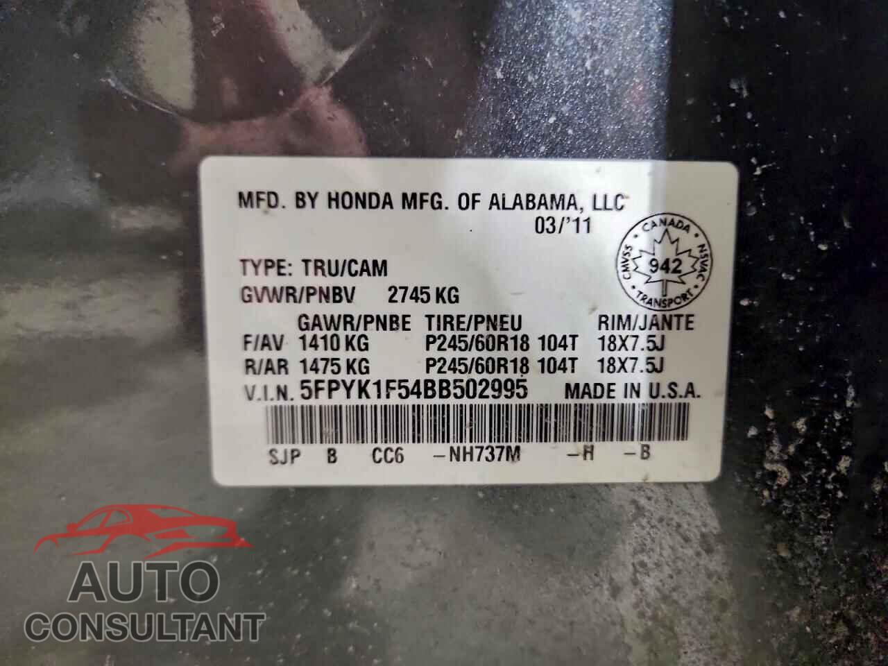 HONDA RIDGELINE 2011 - 5FPYK1F54BB502995