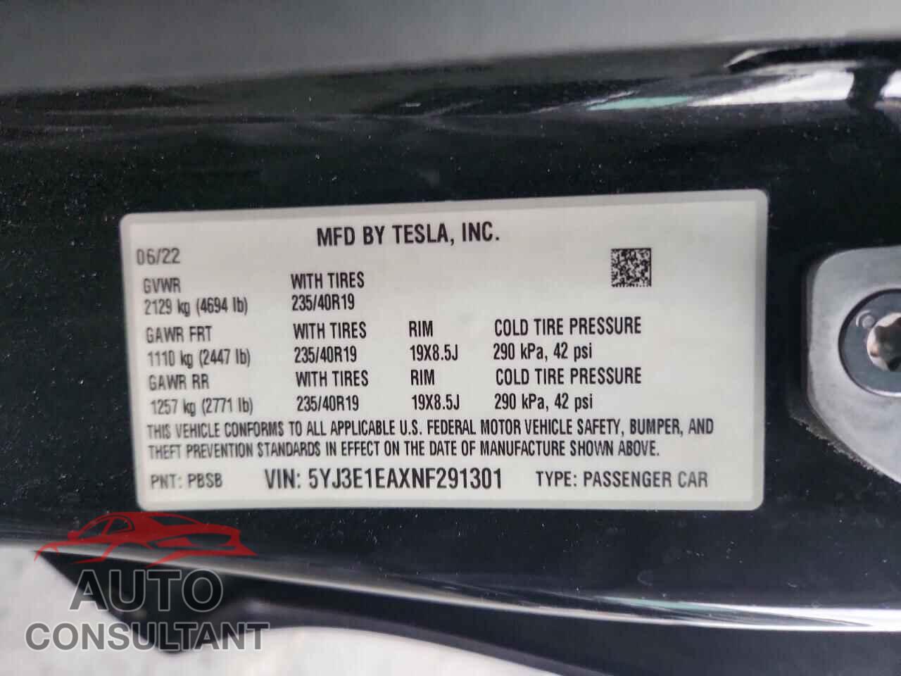 TESLA MODEL 3 2022 - 5YJ3E1EAXNF291301