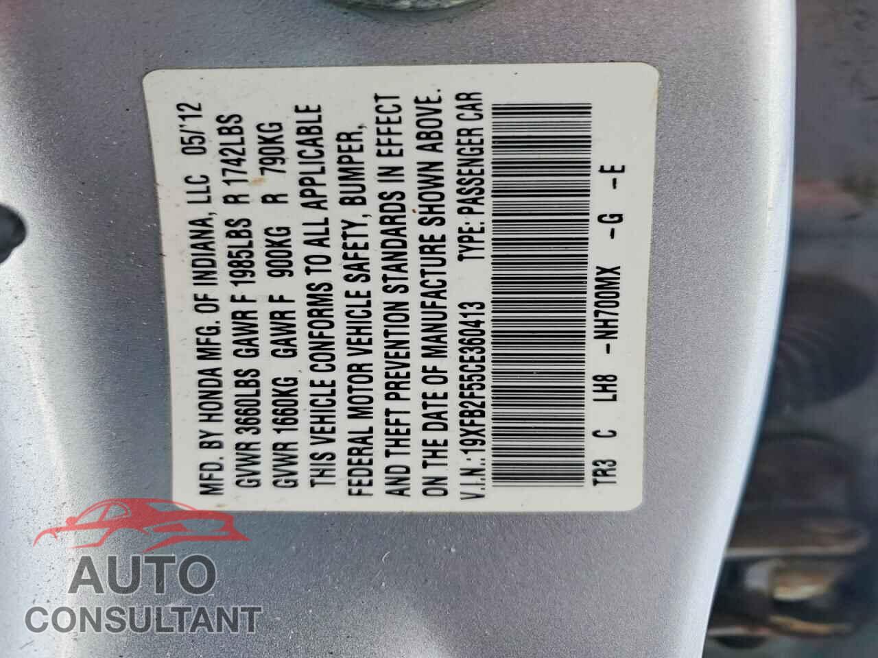 HONDA CIVIC 2012 - 19XFB2F55CE360413