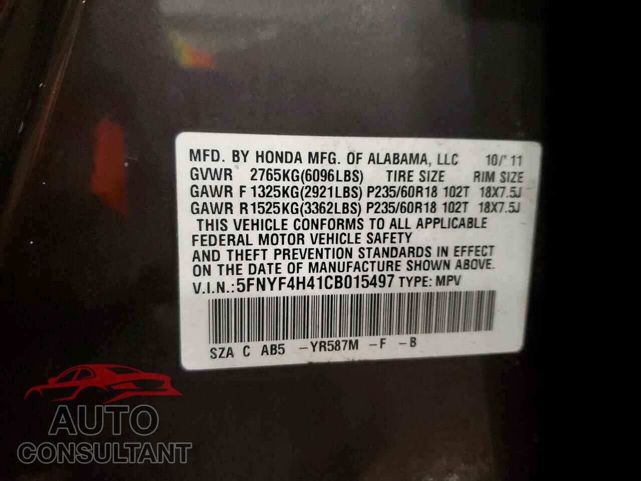 HONDA PILOT 2012 - 5FNYF4H41CB015497