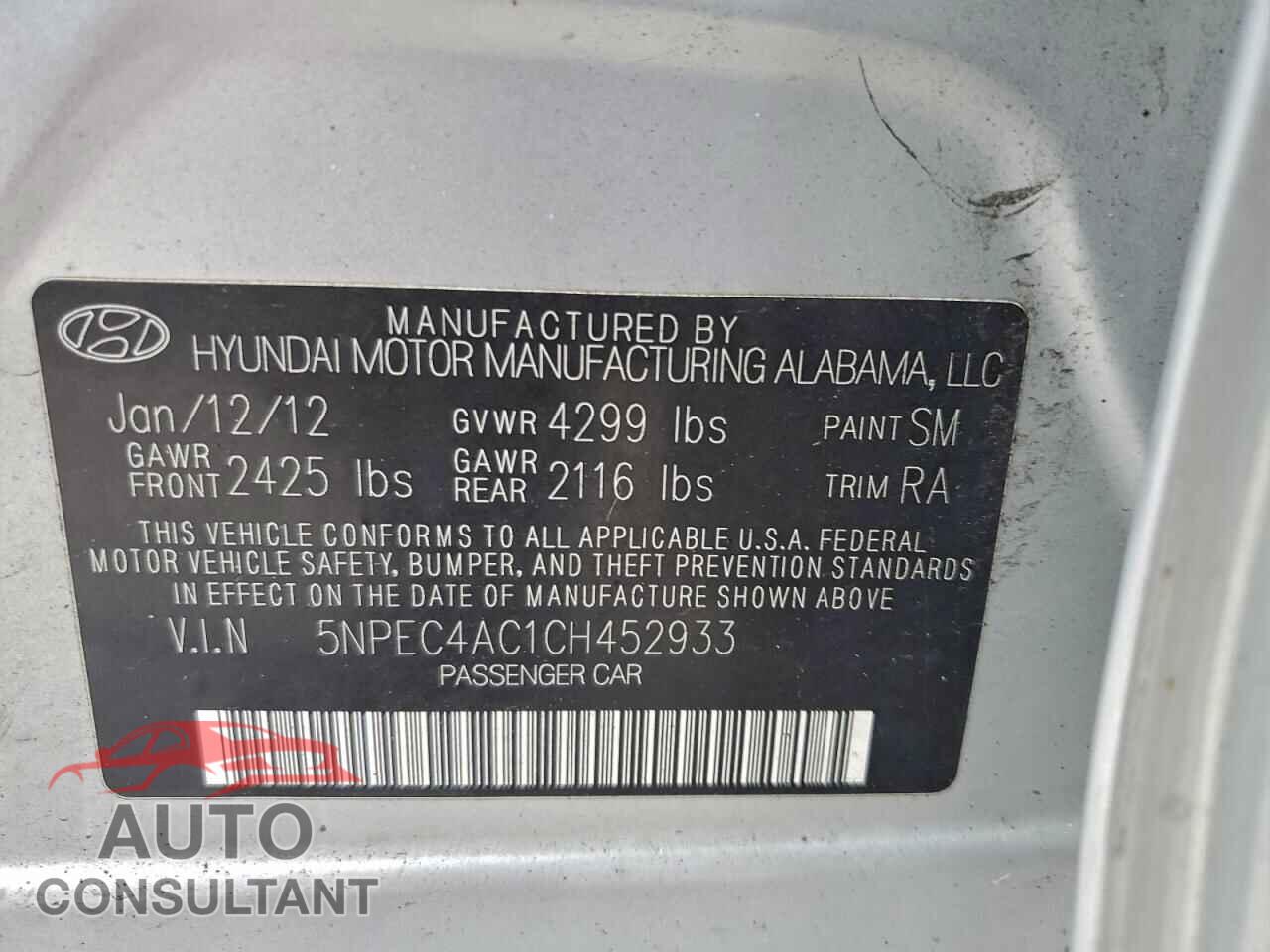 HYUNDAI SONATA 2012 - 5NPEC4AC1CH452933