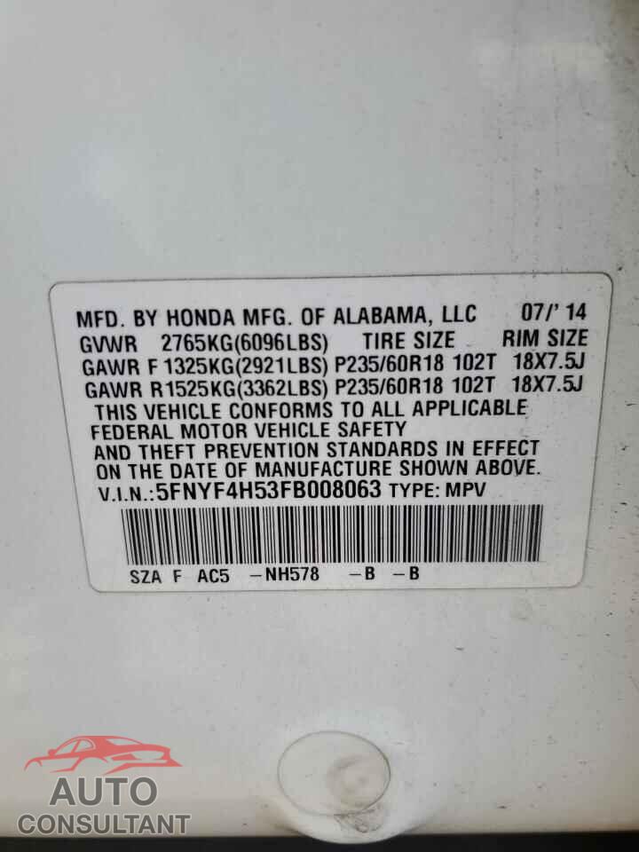 HONDA PILOT 2015 - 5FNYF4H53FB008063