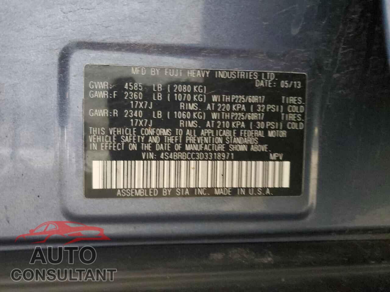SUBARU OUTBACK 2013 - 4S4BRBCC3D3318971