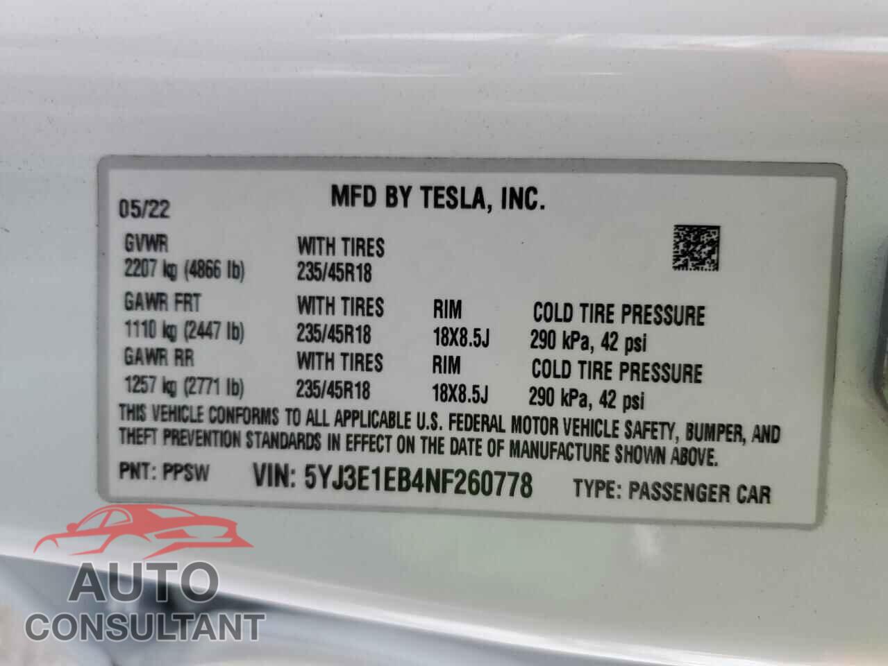 TESLA MODEL 3 2022 - 5YJ3E1EB4NF260778