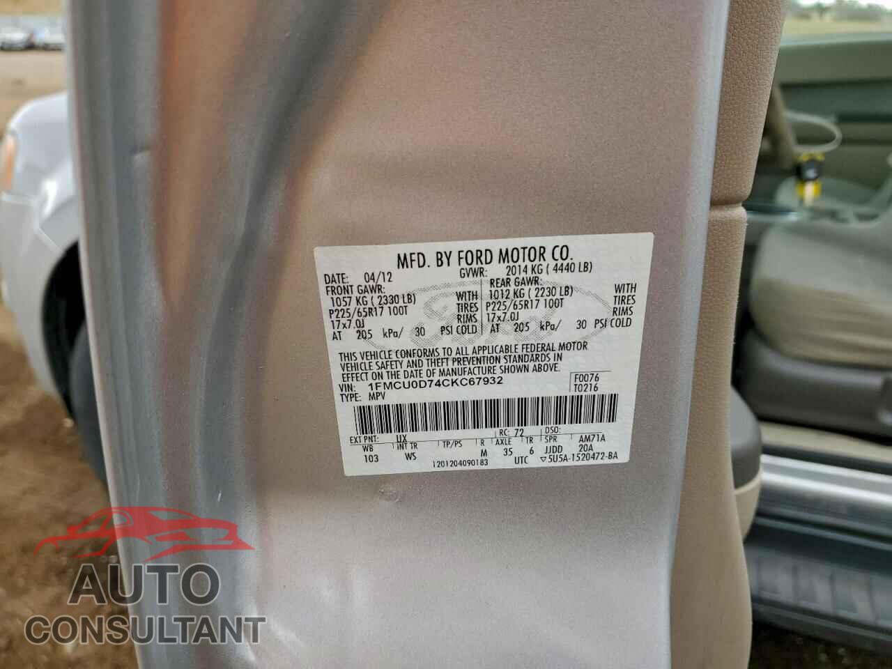 FORD ESCAPE 2012 - 1FMCU0D74CKC67932