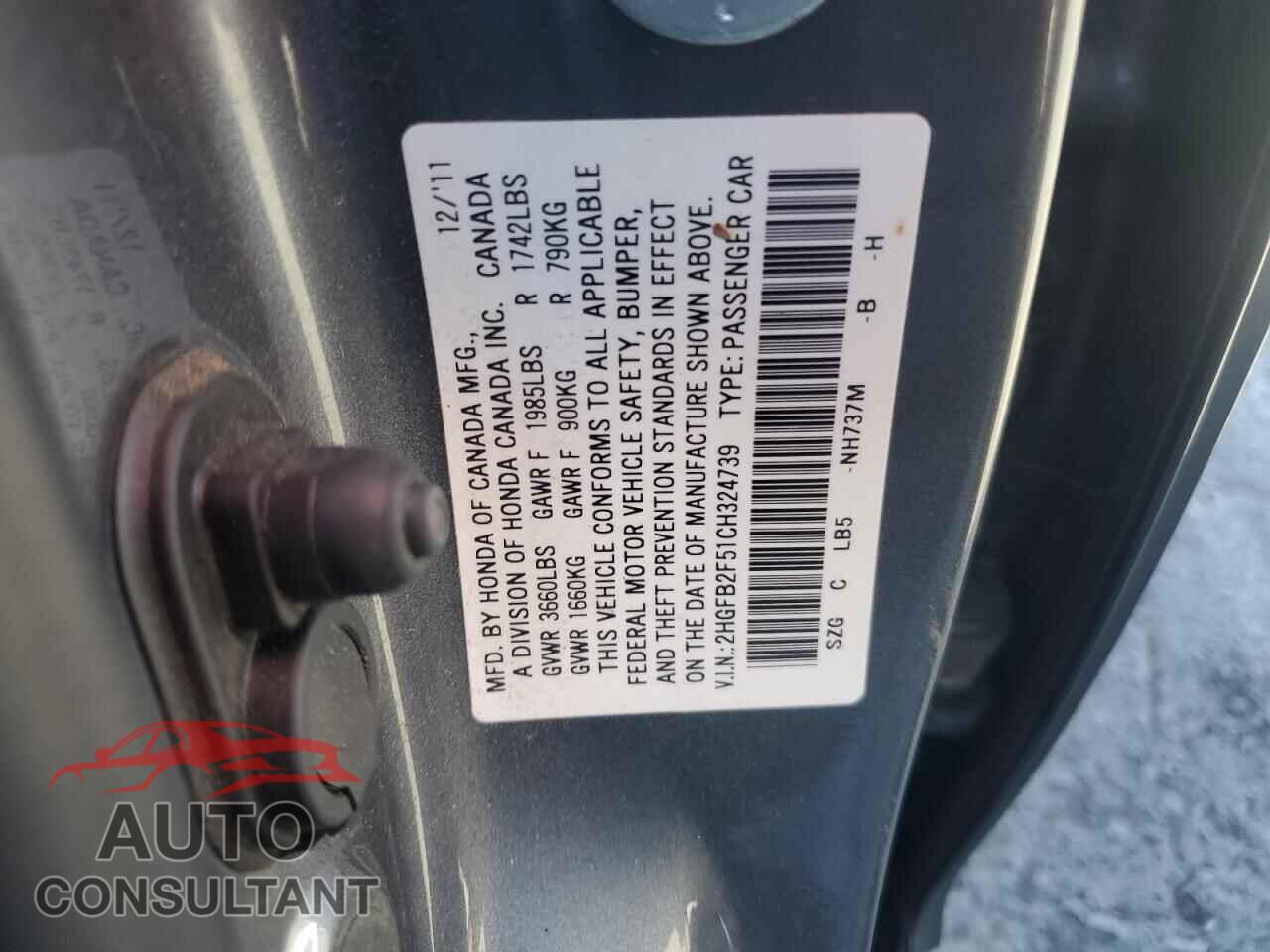 HONDA CIVIC 2012 - 2HGFB2F51CH324739