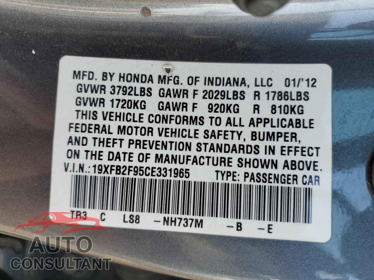 HONDA CIVIC 2012 - 19XFB2F95CE331965