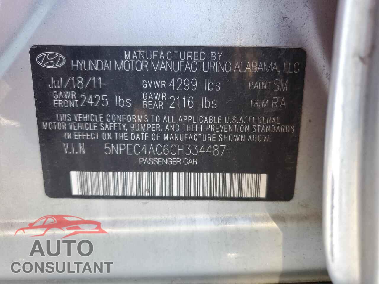 HYUNDAI SONATA 2012 - 5NPEC4AC6CH334487