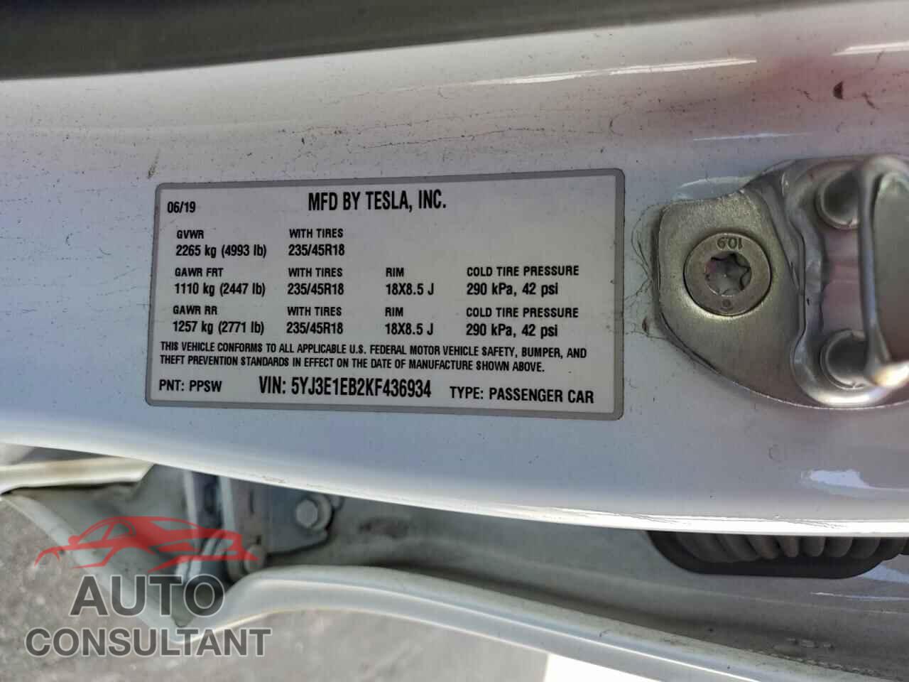 TESLA MODEL 3 2019 - 5YJ3E1EB2KF436934