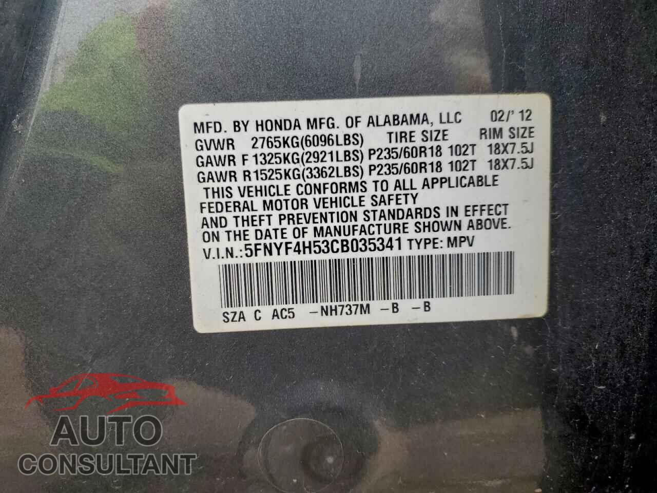 HONDA PILOT 2012 - 5FNYF4H53CB035341