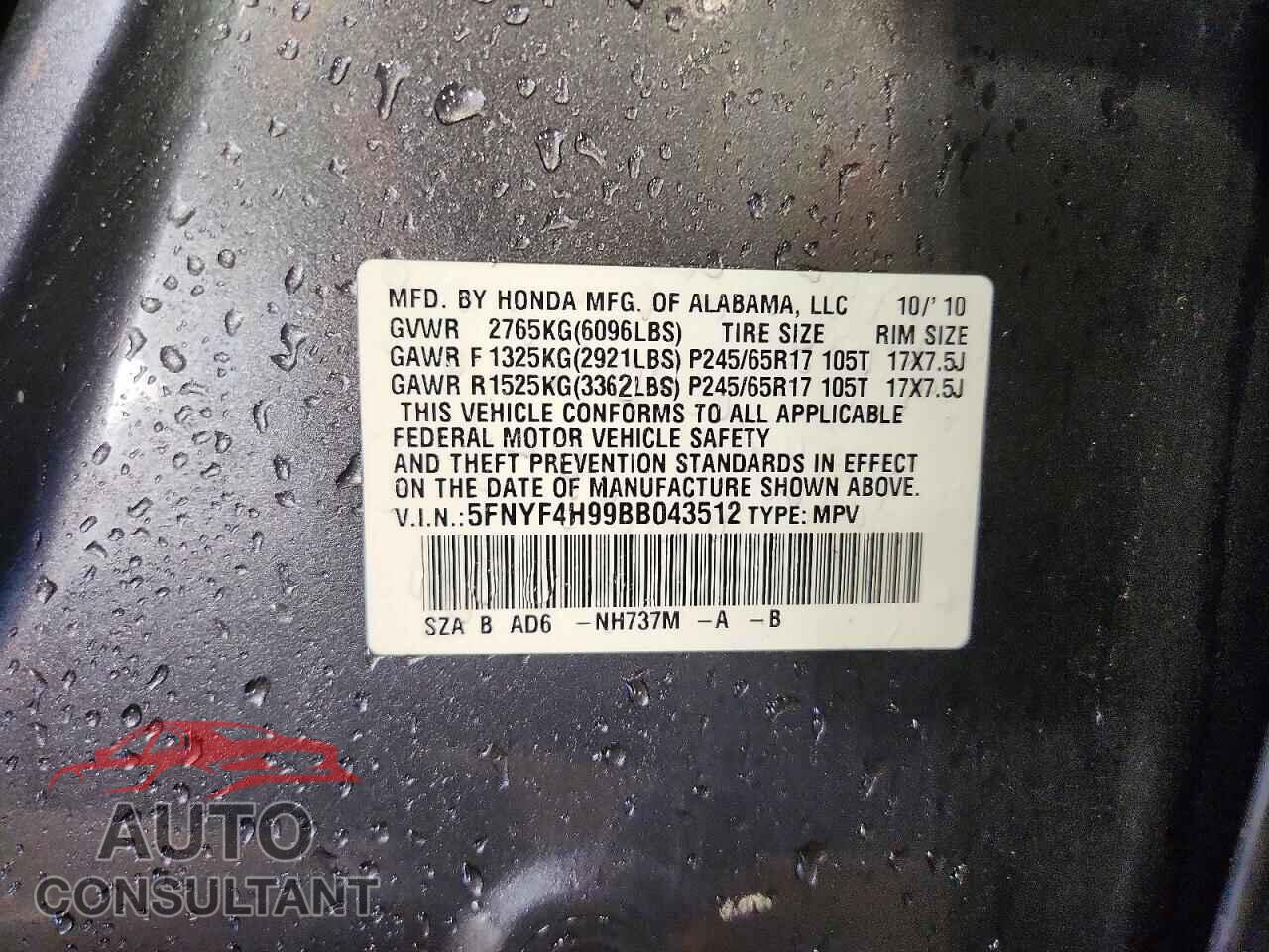 HONDA PILOT 2011 - 5FNYF4H99BB043512