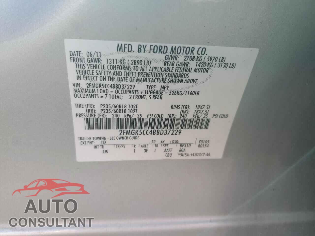 FORD FLEX 2011 - 2FMGK5CC4BBD37229