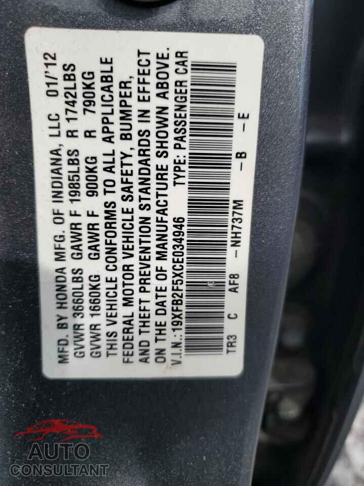 HONDA CIVIC 2012 - 19XFB2F5XCE034946