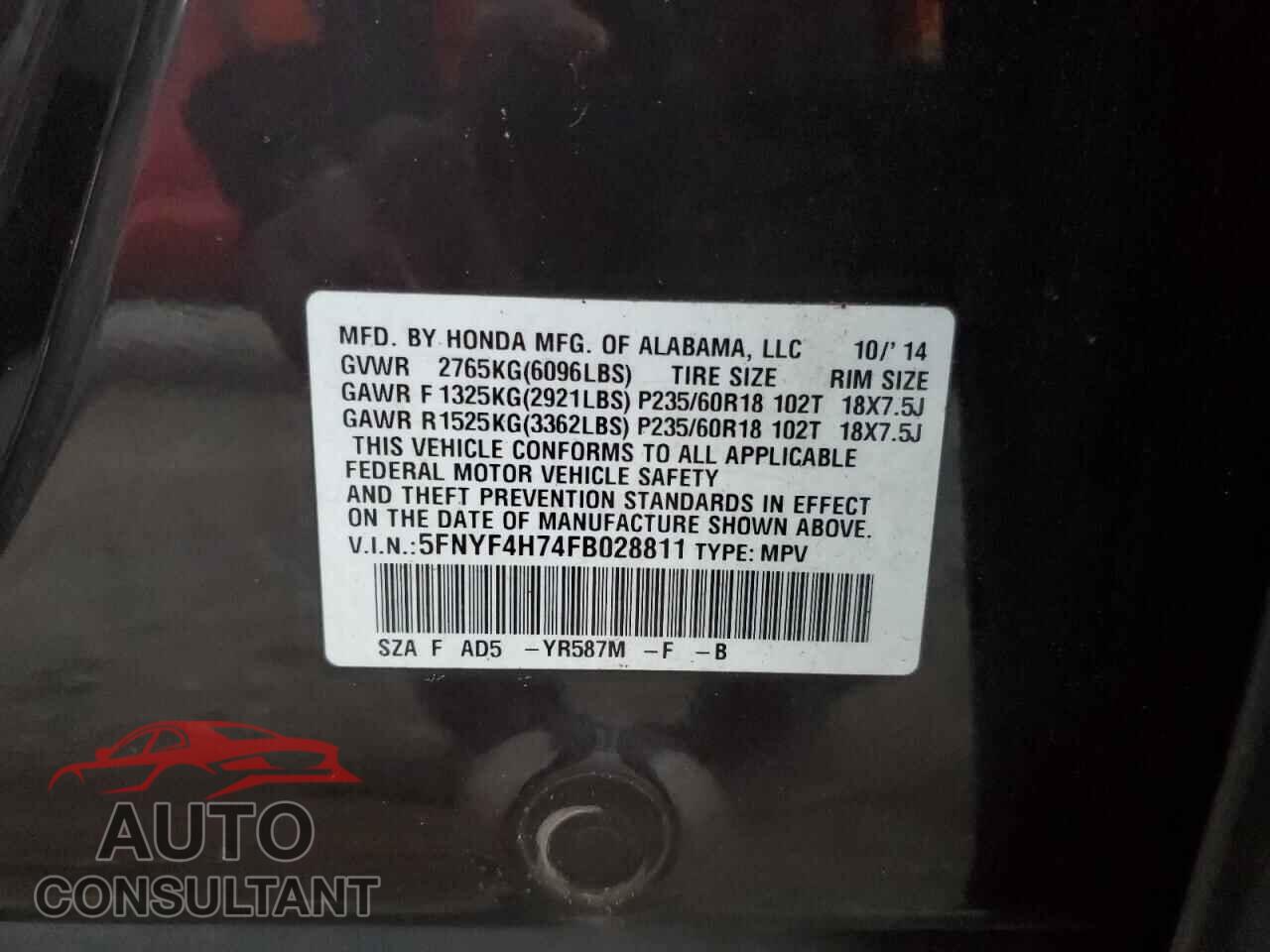 HONDA PILOT 2015 - 5FNYF4H74FB028811