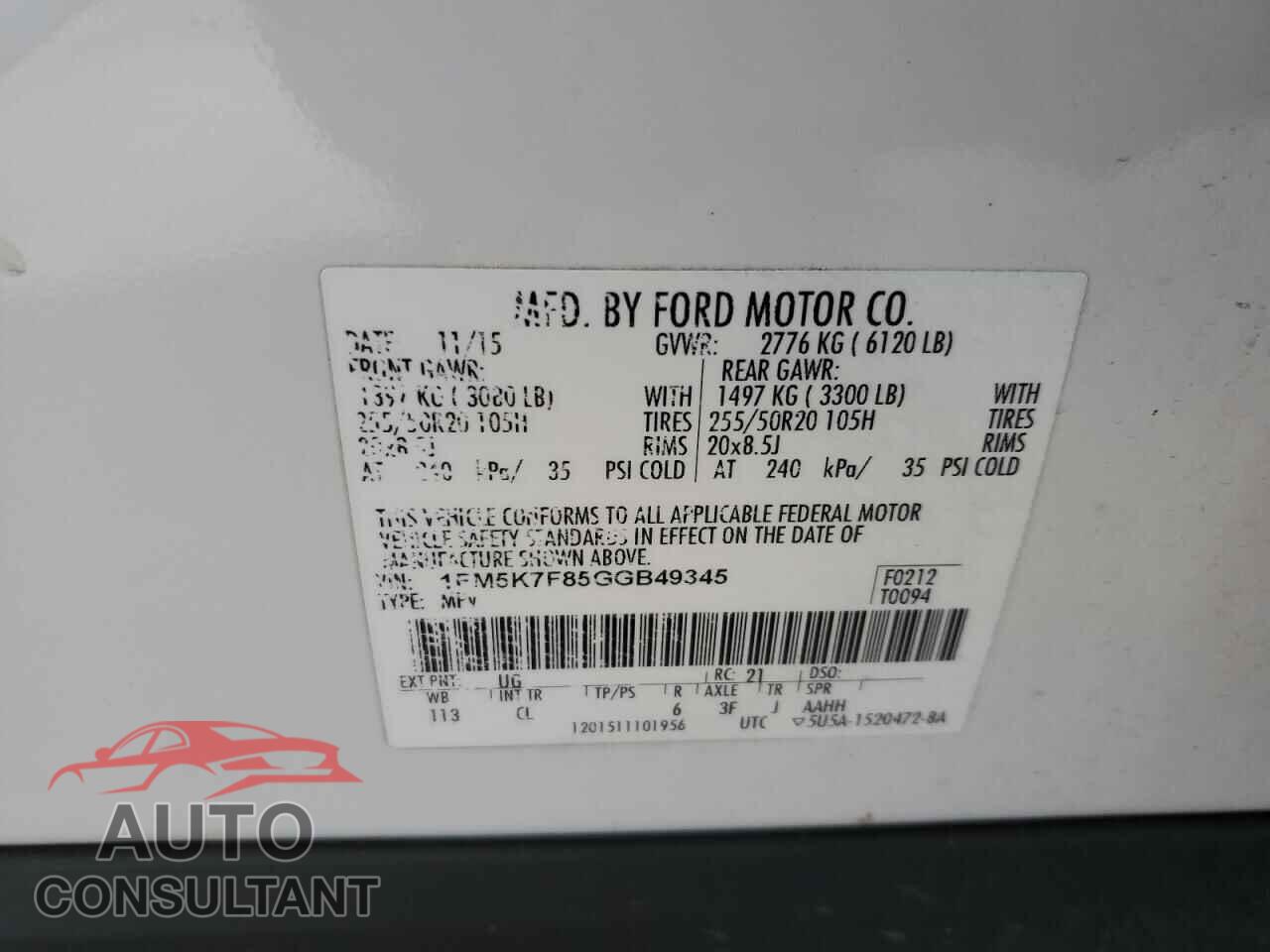 FORD EXPLORER 2016 - 1FM5K7F85GGB49345