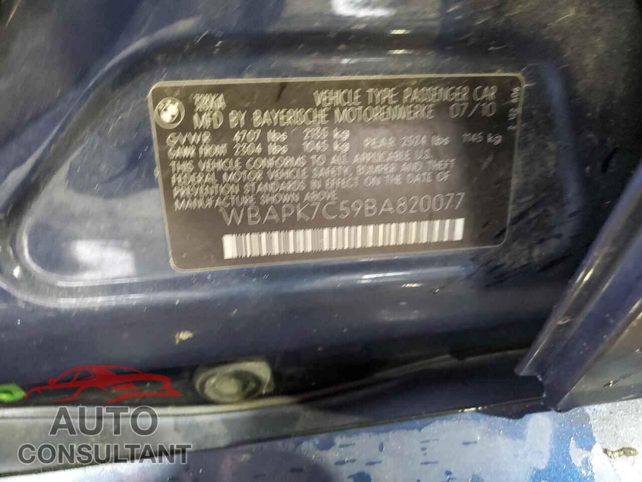 BMW 3 SERIES 2011 - WBAPK7C59BA820077